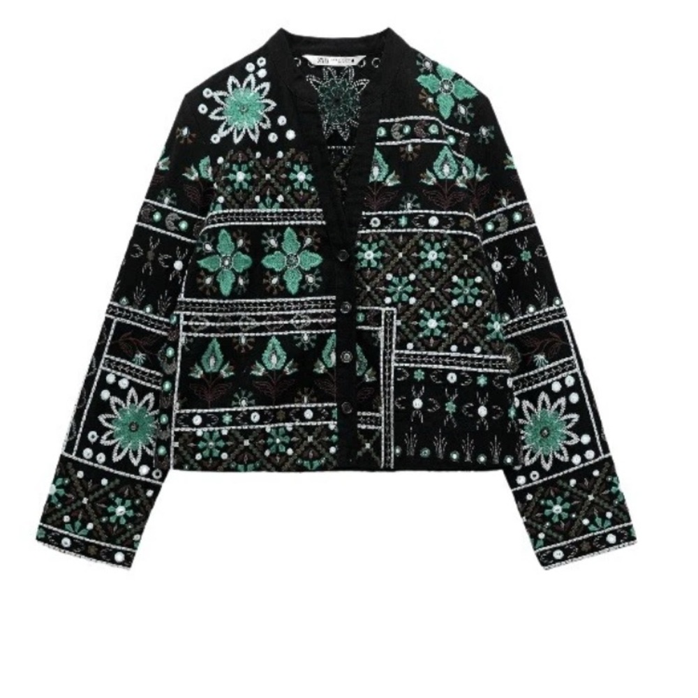ZARA -EMBROIDERED BLOUSE CARDIGAN - Women’s Size: XS-Color: Black/Multi-NEW!!